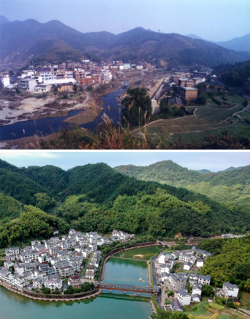 圖為浙江省杭州市淳安縣楓樹嶺鎮(zhèn)下姜村拼版圖，其中上圖為資料照片、下圖由新華社記者張鋮攝。